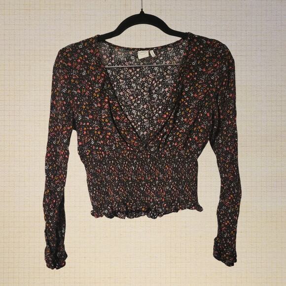 Paper Crane Tops - Boho Paper Crane 90s Floral Crop Top Black Deep V Neck Elastic Waist XS Longslee